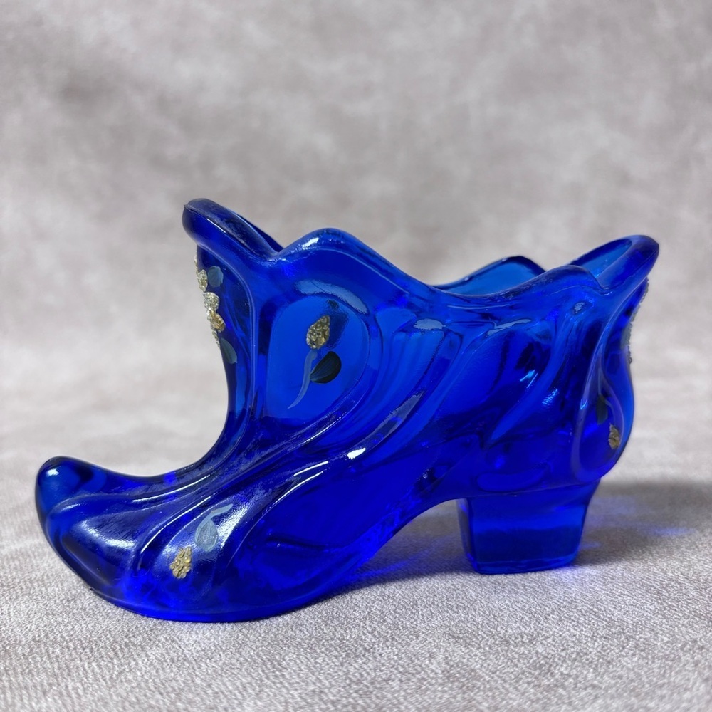 Vintage Fenton Cobalt Blue Hand Painted Signed Glass Shoe